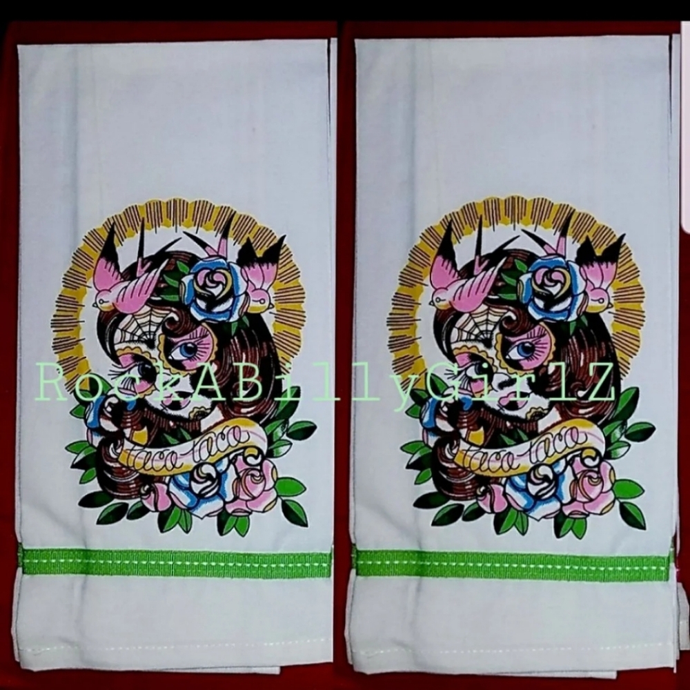 Sourpuss 2pc Hand Towels Lil Lila Sugar Skull Day Dead Tattoo Flash w Green Trim